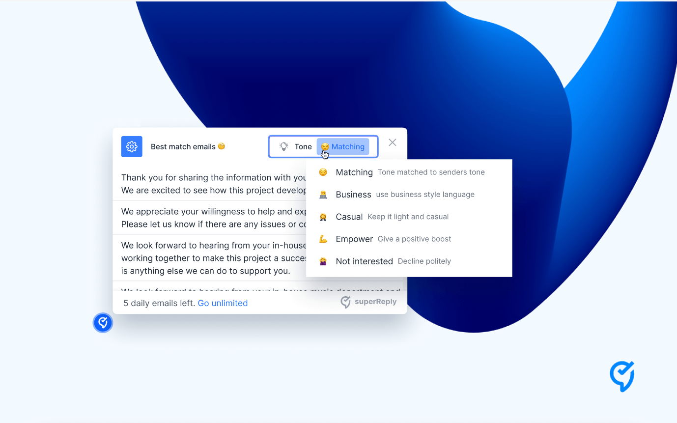 superReply generating tone-matched email replies